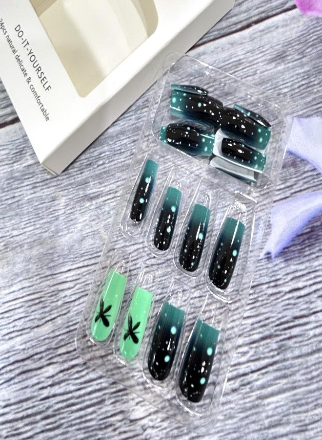 CJDLTS Dark Green Gradient Press on Nails Long Length Butterfly Pattern False Nails Glitter Artificial Acrylic Nails Full Cover French Stick on Nails Square Coffin Nails Glossy Glue on Nails for Women - Image 4